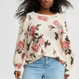 Torrid Cream and Pink Floral Crew Neck Sweater